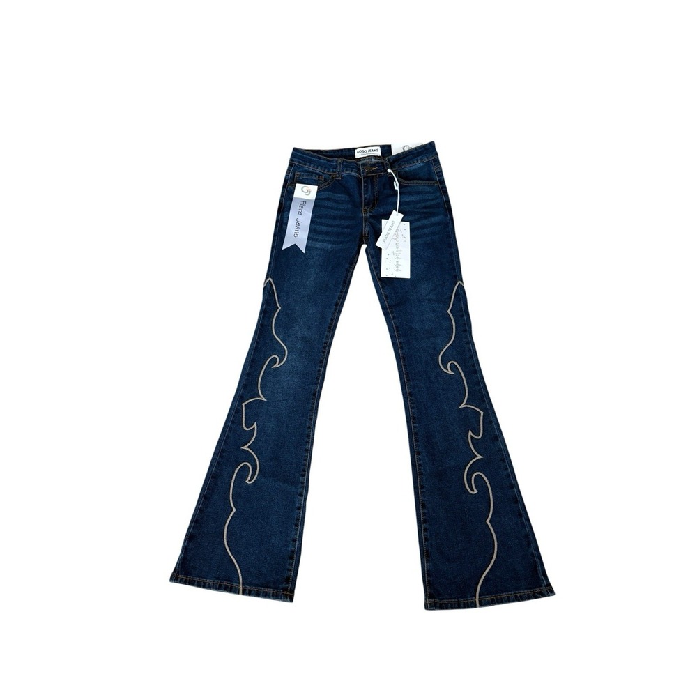 New Gogo Flare Jeans Women Sz 5 (27x30) Blue Denim Embroider Flames Perfect Fit